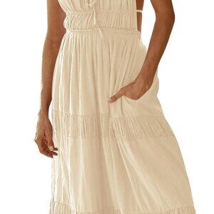 Womens Summer Maxi Dress Polyester Tiered Flowy Casual with Pockets